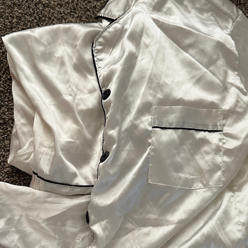 Luxurious White Bride + Groom Satin Button Up and Silk Pants